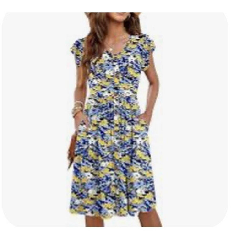 WNEEDU Dress Size Large Black, gray, yellow floral Print Cap Sleeves Pockets